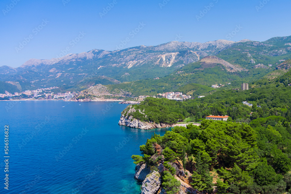 Montenegro. Adriatic Sea. Milocer beach. Summer. Sunny weather. High season. A very popular tourist spot. Drone. Aerial view