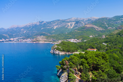 Montenegro. Adriatic Sea. Milocer beach. Summer. Sunny weather. High season. A very popular tourist spot. Drone. Aerial view