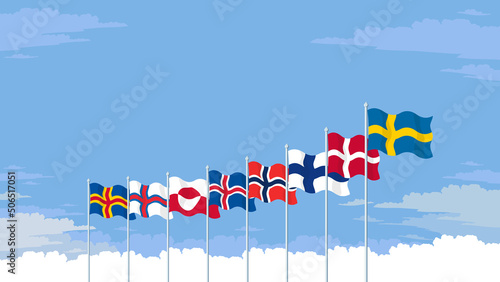 Detailed flat vector illustration of the flags of the Nordic Nations flying in front of a cloudy sky background. Room for text.
