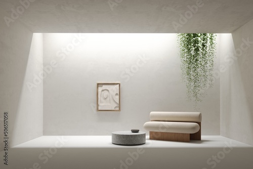 Minimalistic interior with beige sofa and marble coffee table  plants  relief decor on the wall  two story space with lighting. 3D rendering illustration mockup. Presentation space or gallery