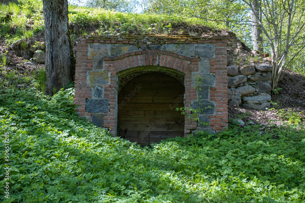 old castle stone underground cellar. wooden board wall, entrance old castle stone underground cellar. wooden board wall, entrance