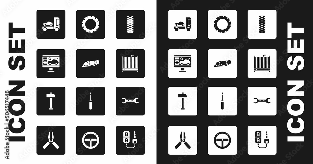 Set Car tire wheel, headlight, Diagnostics condition of car, transporter truck, radiator cooling system, Wrench spanner and Hammer icon. Vector Set Car tire wheel, headlight, Diagnostics condition of car, transporter truck, radiator cooling system, Wrench spanner and Hammer icon. Vector