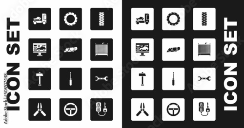 Set Car tire wheel, headlight, Diagnostics condition of car, transporter truck, radiator cooling system, Wrench spanner and Hammer icon. Vector