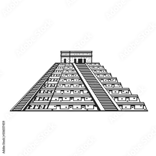 Ancient Mayan pyramid drawn outline vector icon, famous tourist landmark of Mexico, Aztec pyramid illustration in retro style.