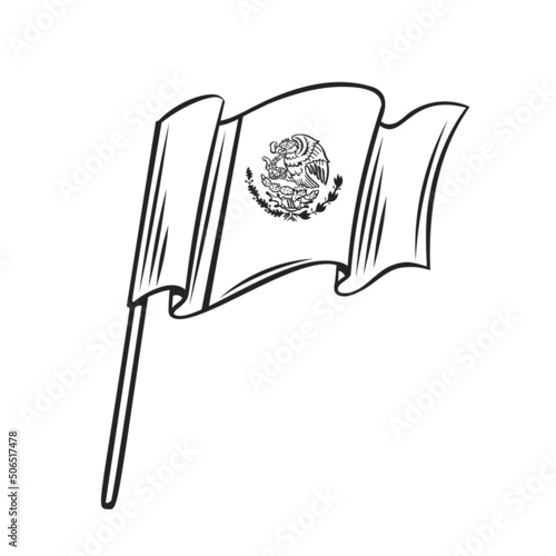 Waving flag of Mexico drawn outline vector icon, illustration in retro style.