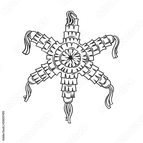 Mexican star pinata drawn outline vector icon, Bright striped cartoon pinata illustration in retro style.