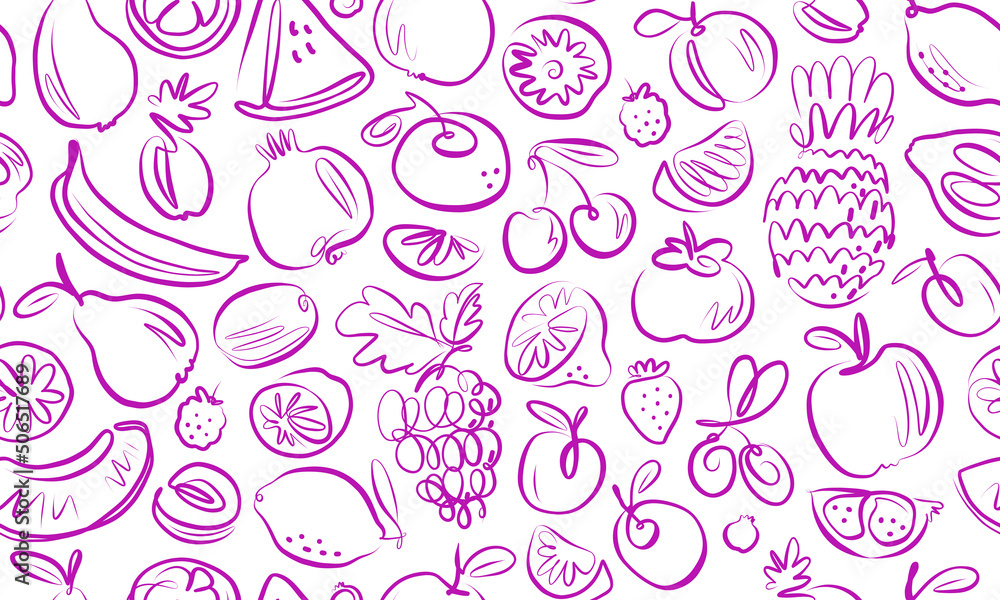 Fruits and berries seamless background. Healthy farm organic food pattern texture. Doodle vector illustration Fruits and berries seamless background. Healthy farm organic food pattern texture. Doodle vector illustration