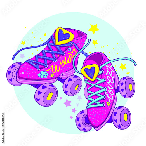 Cool girl cartoon poster with disco roller Skates, hearts sign, stars. 90s and 80s style t shirt design. Colorful girlish shoes illustration.