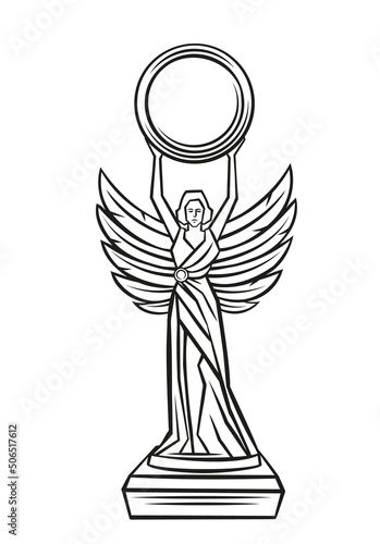 Cup statue drawn outline vector icon. First place winner, prize, award. Isolated vector icon of trophy first place cartoon style illustration in retro style.