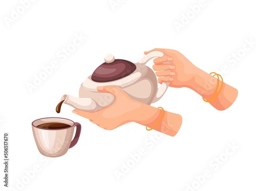 Glass teapot, hands pouring tea into cup. Vector illustration.