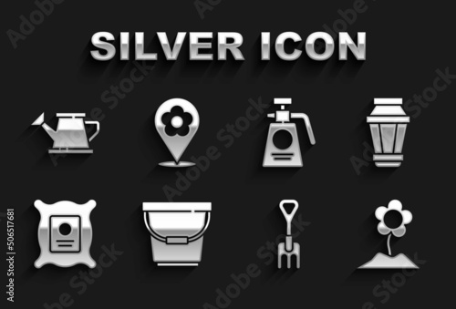 Set Bucket, Garden light lamp, Flower, rake, Pack full of seeds of plant, sprayer for fertilizer, Watering can and Location with flower icon. Vector