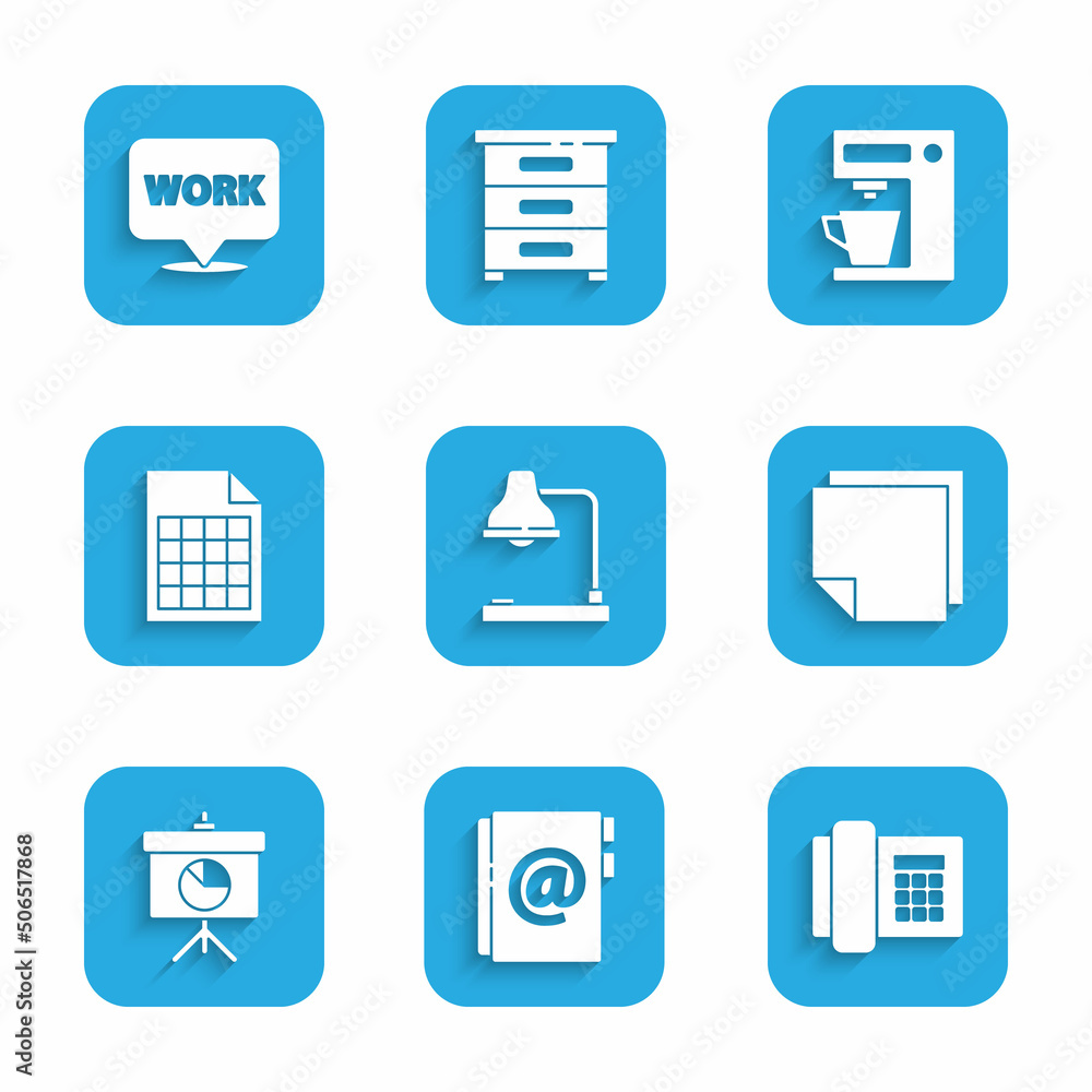 Set Table lamp, Address book, Telephone, Post note stickers, Chalkboard with diagram, File document, Coffee machine and Location text work icon. Vector Set Table lamp, Address book, Telephone, Post note stickers, Chalkboard with diagram, File document, Coffee machine and Location text work icon. Vector