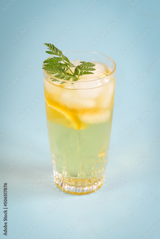 Aerial photo of a highball glass with ice tea filled with ice, lemon, and mint Aerial photo of a highball glass with ice tea filled with ice, lemon, and mint