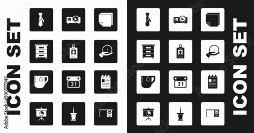 Set Post note stickers, Identification badge, Drawer with documents, Tie, Clock, Movie, film, media projector, Spiral notebook and Cup of tea tea bag icon. Vector