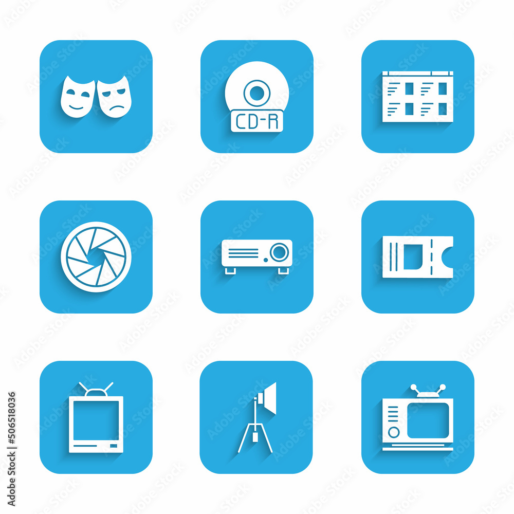 Set Movie, film, media projector, spotlight, Retro tv, Cinema ticket, Camera shutter, Online play video and Comedy and tragedy masks icon. Vector Set Movie, film, media projector, spotlight, Retro tv, Cinema ticket, Camera shutter, Online play video and Comedy and tragedy masks icon. Vector