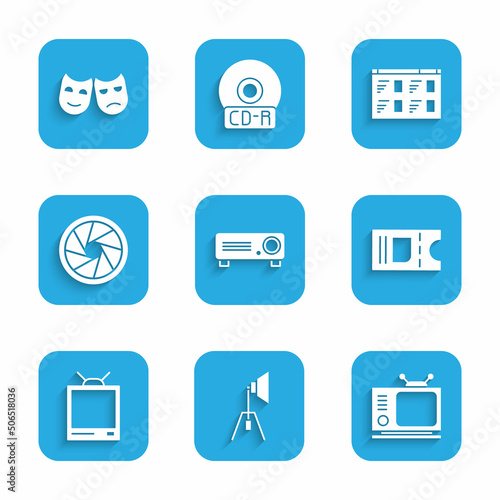 Set Movie, film, media projector, spotlight, Retro tv, Cinema ticket, Camera shutter, Online play video and Comedy and tragedy masks icon. Vector