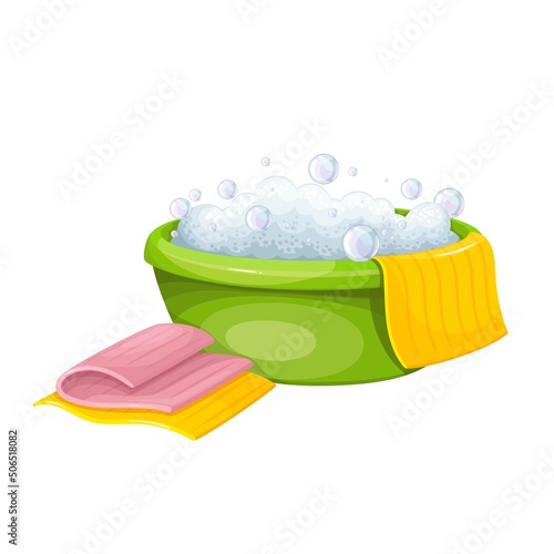 Basin with washing detergent and rags color vector illustration. Cleaning foam with bubbles in bowl in cartoon style, isolated