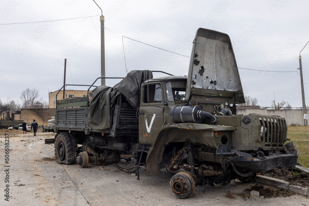 Destroyed truck of the russian army at gostomel airport ukraine