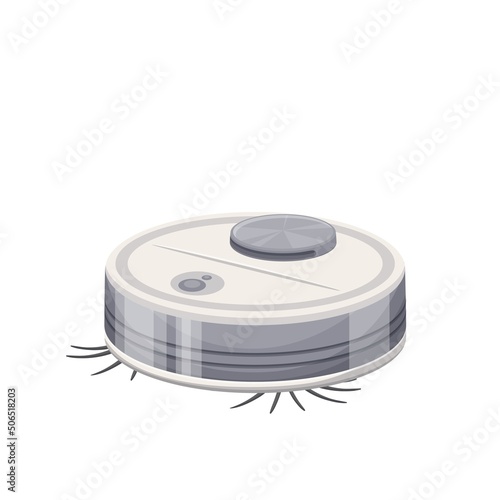 Robot vacuum cleaner color vector illustration. Automatic household appliances to suck up litter and small trash in cartoon style, isolated