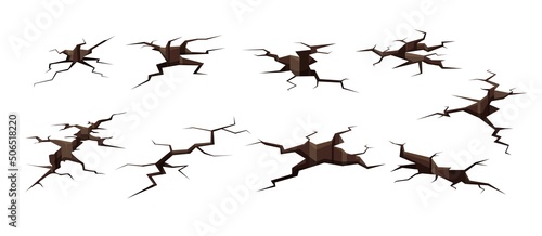 Cracks set in ground after earthquake color vector illustration. Disaster effects on asphalt road surface in cartoon style, isolated