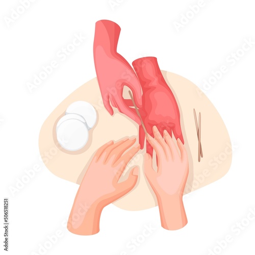 Manicurist removing cuticle at salon procedure vector isolated illustration. Professional manicure for client colourful scene in cartoon style, isolated