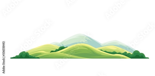 Calm green valley with hills flat vector object isolated. Wild nature and highland landscape cartoon style illustration