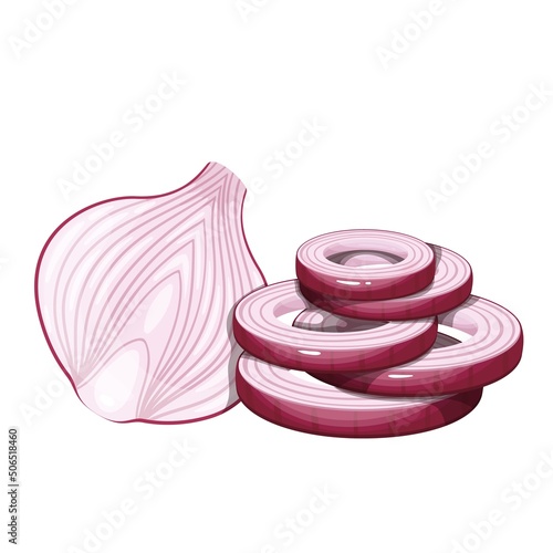 Bulb half and rings of red onion flat color vector objects. Cut onion for food cooking cartoon style illustration
