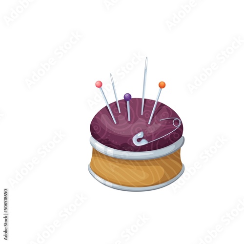Tailor pin cushion with tools flat color vector object isolated. Sewing supplies cartoon style illustration