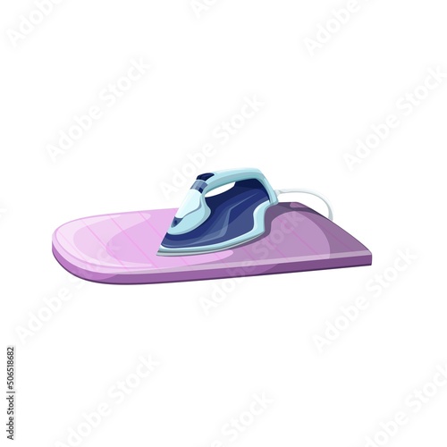 Electric iron on board flat color vector object isolated. Sewing shop equipment cartoon style illustration