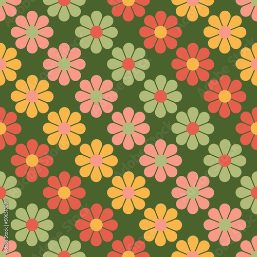 PrintCute flower power seamless pattern. Decorative retro minimal style smiley floral background.