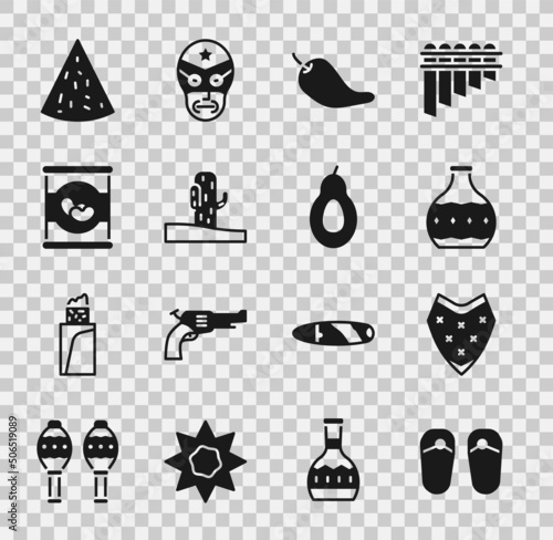 Set Flip flops, Poncho, Tequila bottle, Hot chili pepper pod, Cactus, Beans in can, Nachos and Avocado icon. Vector