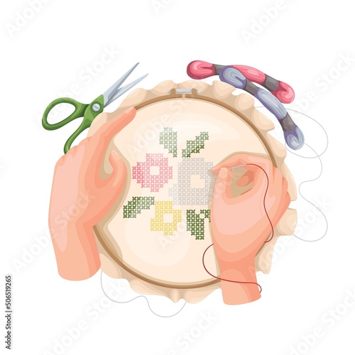Craftswoman embroidering flowers on fabric semi flat vector character isolated. Creative needlework hobby cartoon style illustration