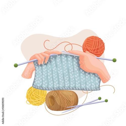 Women hands hold needles knitting scarf of woolen threads from balls vector character. Handmade clothes cartoon style illustration