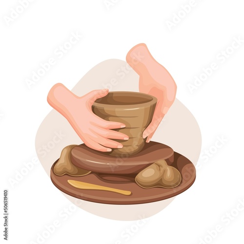 Hands making pot of clay material on potter wheel vector character isolated. Pottery craft hobby cartoon style illustration