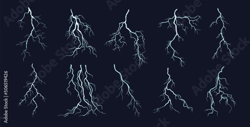 Flashing lightnings set on black vector illustration. Storm and natural electricity effects demonstration in cartoon style, isolated