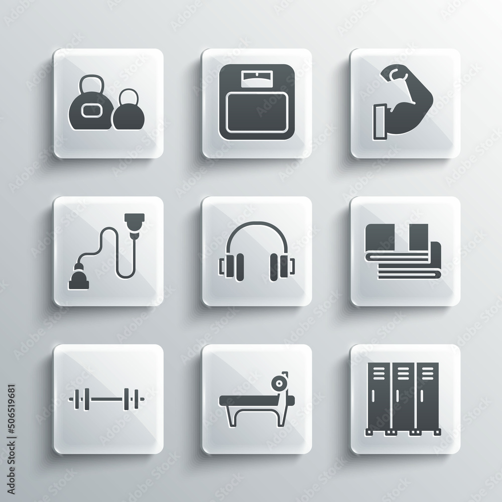 Set Bench with barbel, Locker or changing room, Towel stack, Headphones, Barbell, Chest expander, Kettlebell and Bodybuilder muscle icon. Vector Set Bench with barbel, Locker or changing room, Towel stack, Headphones, Barbell, Chest expander, Kettlebell and Bodybuilder muscle icon. Vector