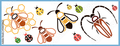 Flat icons of insects, Insects-icons, Flat style, objects, bee, hornet, ladybug, barbel beetle, Vector illustration