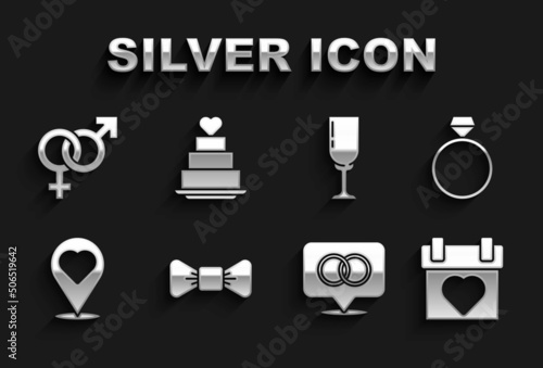 Set Bow tie, Diamond engagement ring, Calendar, Wedding rings, Location with heart, Glass of champagne, Gender and cake icon. Vector