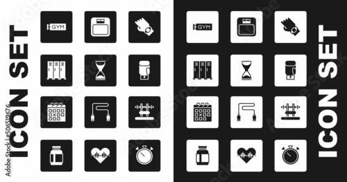 Set Smart watch on hand, Old hourglass, Locker or changing room, Location gym, Boxing glove, Bathroom scales, Bench with barbel and Calendar fitness icon. Vector
