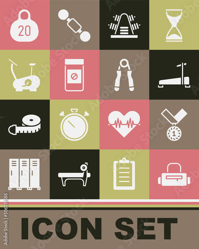 Set Sport bag, Medal, Treadmill machine, Metal rack with weights, Anabolic drugs, Stationary bicycle, Kettlebell and expander icon. Vector