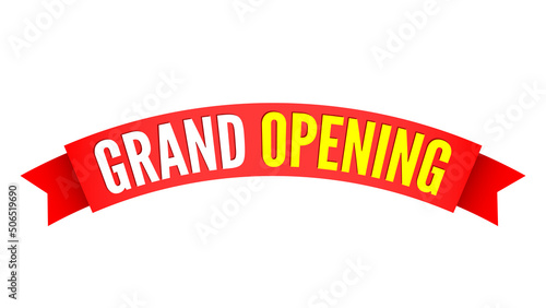 Grand opening banner. Red ribbon. Tag. Label. Vector illustration. (ID: 506519690)