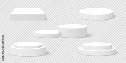 Set of white blank podiums on transparent background. Pedestals. Scene. Vector illustration. (ID: 506519691)