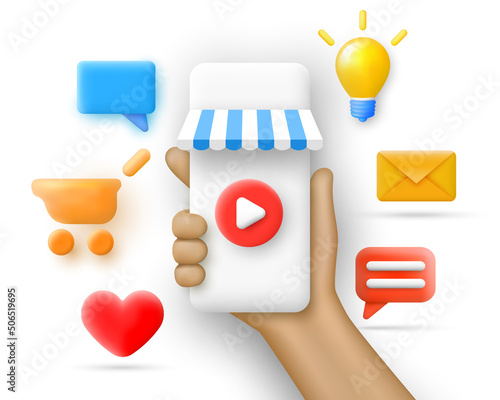Smartphone in hand, envelope, shopping cart, chat speech bubble, like icon in minimal cartoon 3d style. Icons for business, online marketing and social networks. Vector illustration. (ID: 506519695)