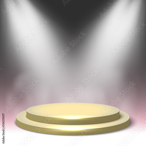 Empty round podium with spotlights and steam. Pedestal. Vector illustration. (ID: 506519697)