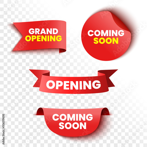 Set of coming soon and grand opening banners. Red ribbons, tags and stickers. Vector illustration. (ID: 506519698)