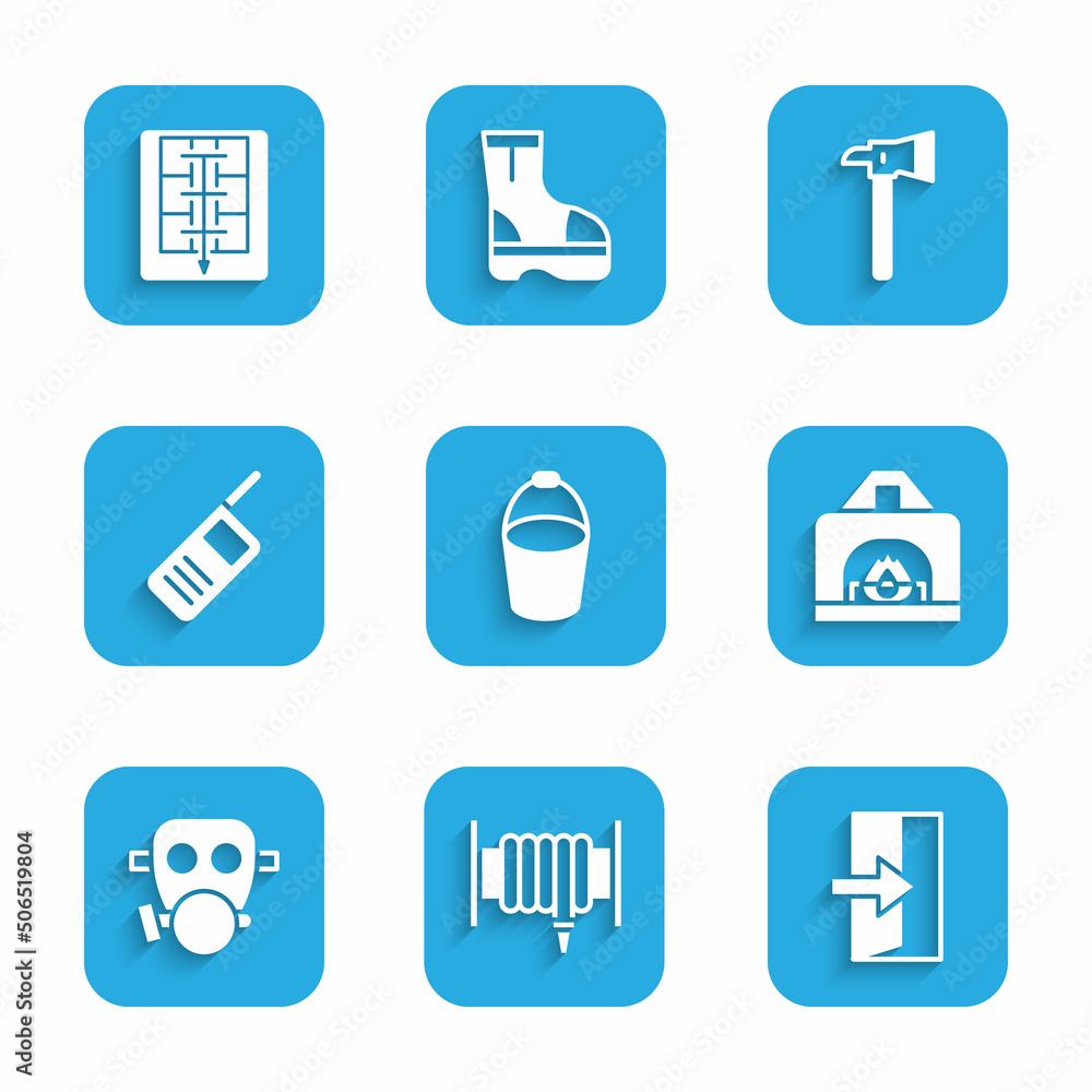 Set Fire bucket, hose reel, exit, Interior fireplace, Gas mask, Walkie talkie, Firefighter axe and Evacuation plan icon. Vector Set Fire bucket, hose reel, exit, Interior fireplace, Gas mask, Walkie talkie, Firefighter axe and Evacuation plan icon. Vector