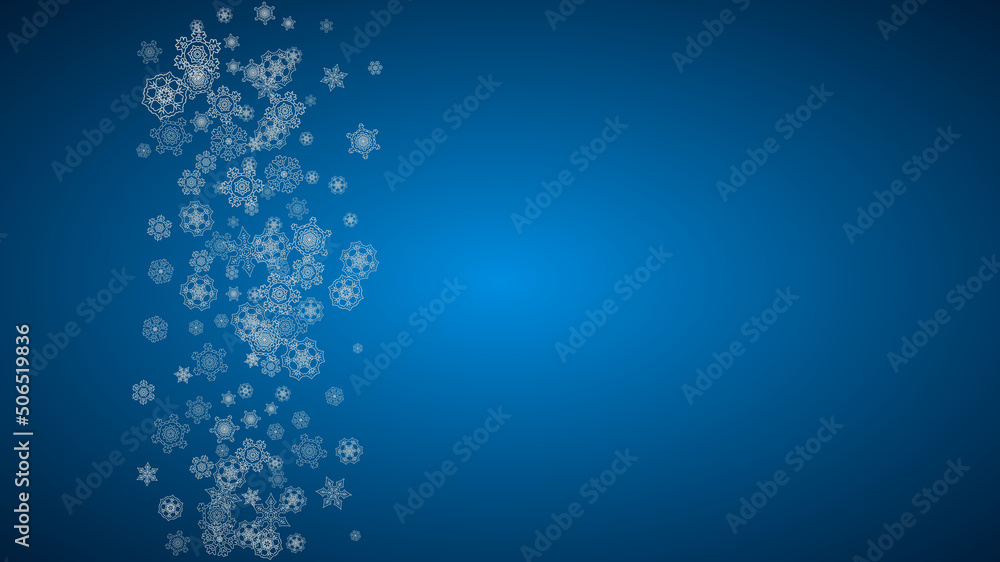 New year background with silver frosty snowflakes. Horizontal backdrop. Stylish new year background for holiday banner, card. Falling snow with sparkles and flakes for season special offers and sales.