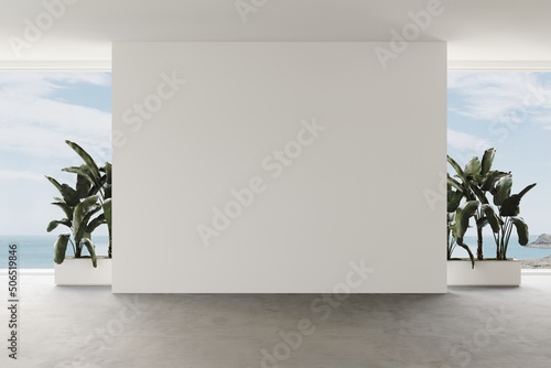 View of interior space or room on sea view background  blank space of architecture with  concrete floor and palm trees in pots. 3d rendering. Mockup for presentation art
