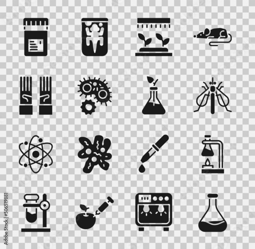Set Test tube and flask, on fire, Experimental insect, Automatic irrigation sprinklers, Virus, Medical rubber gloves, Jar with additives and Plant breeding icon. Vector