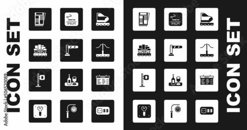 Set High-speed train, Railway barrier, Cargo wagon, News, Smoking area, Train station board and Cafe and restaurant location icon. Vector